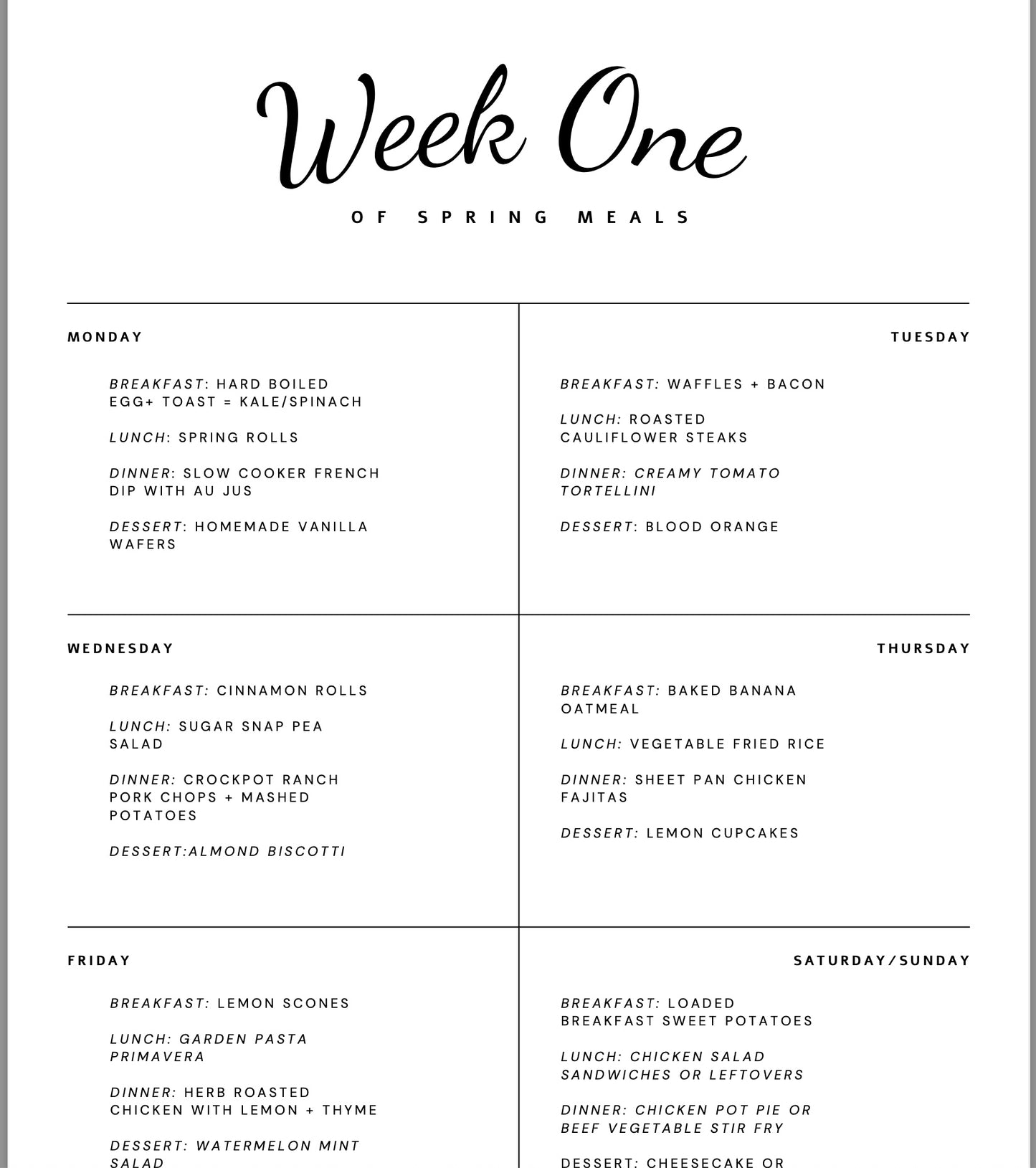 13-Week spring Meal Prep Plan